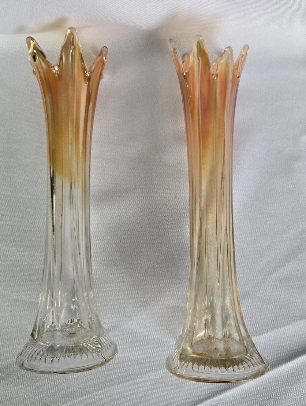 Vintage Marigold Carnival Glass Swung Vases Pair Star Crimp Rib